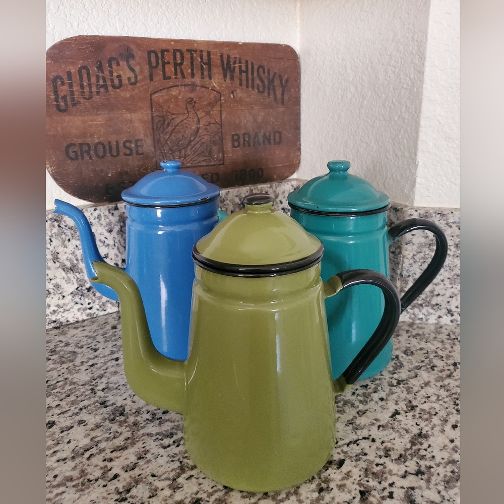 3 Vintage French Style Enameled Coffee Pots With Lids Blue Aqua Olive